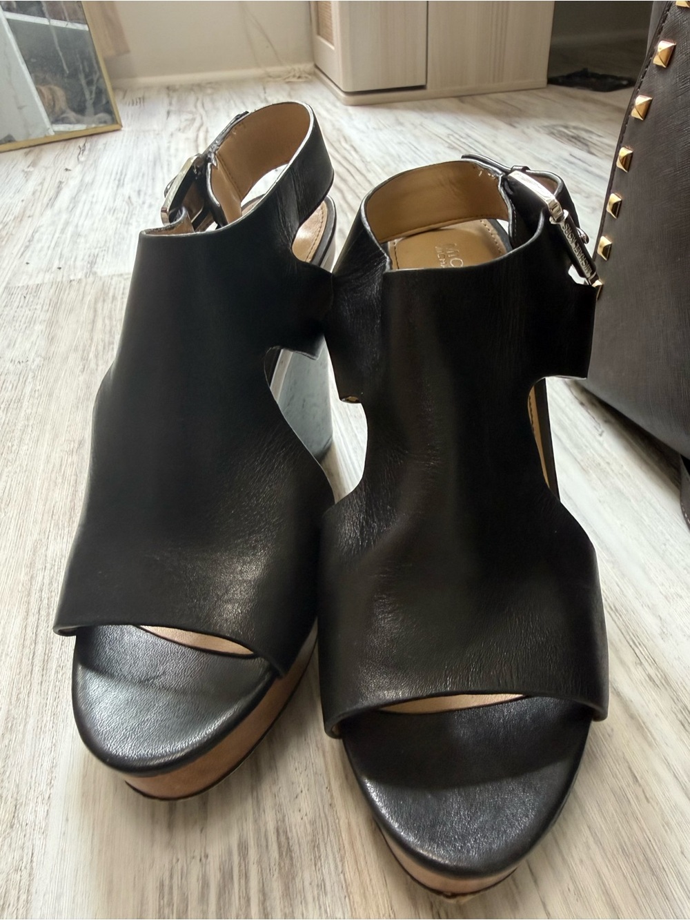Michael Kors Black Leather Cutout Wedge Sandals